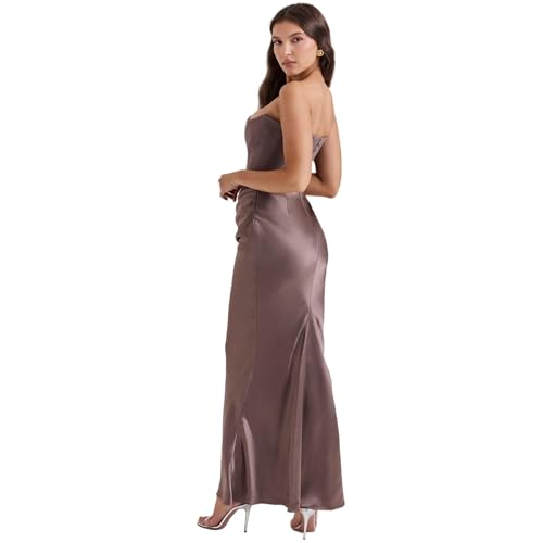 Image of ANKOMINA Women's Strapless Boned Corset Satin Dress Sexy Backless Pleated Stitching Dresses for Wedding Cocktail