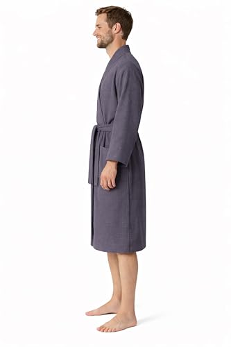 Image of Turkish Linen Men's Waffle Bathrobe Lightweight Kimono Spa Robe - Quick Dry Bath & Shower Robe for Men with Pockets