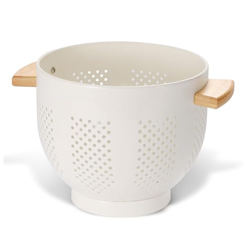 Metal Colander with Wood Handle and Stable Base, 5.5 Quart Powder Coated Steel Kitchen Strainer Basket for Draining Pasta, Cream