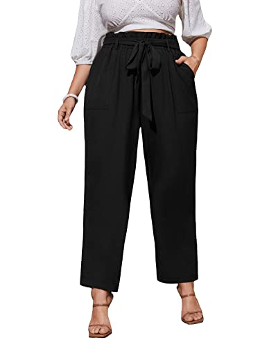 WDIRARA Women's Plus Size Paper Bag Waist Belted Casual Pants with Pockets