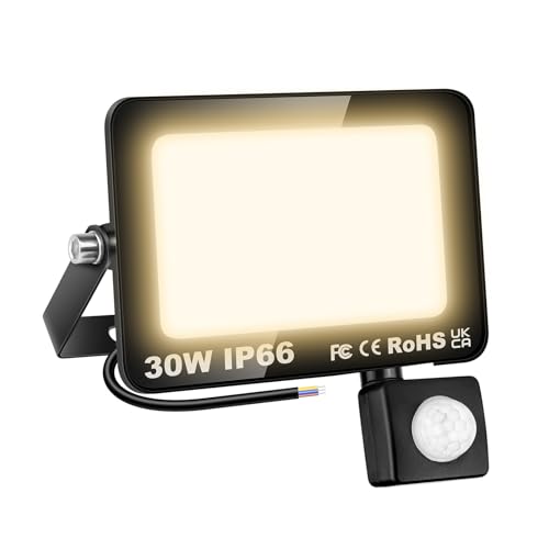 Willpower LED Security Lights Outdoor Motion Sensor 30W LED Floodlight 3000lm IP66 Waterproof PIR Lights Warm White 4000K Wall Light for Garden Backyard Garage Doorway Court Patio Lawn