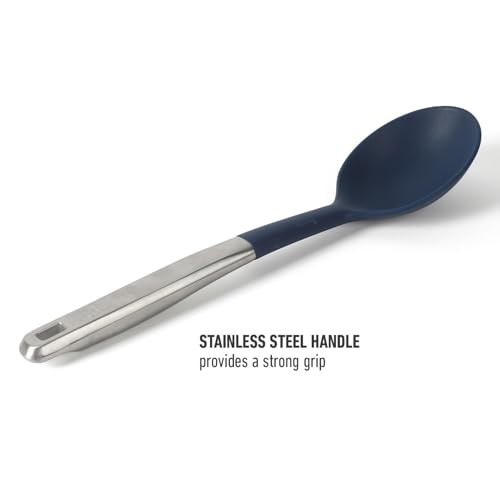 Image of Calphalon Prime Kitchen Spoon, Kitchen Cooking Spoon, Silicone Spoon, Stainless Steel Spoon with Navy Silicone Head High-Heat Resistant for Nonstick Cookware, Ergonomic Handle for Stirring