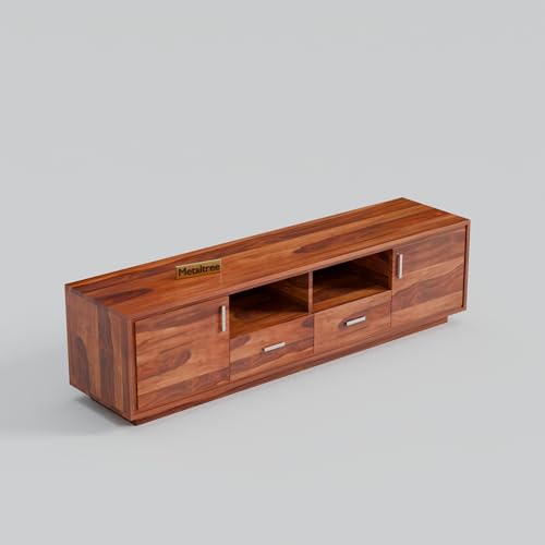Image of Premium Solid Sheesham Wood TV Unit with 2 Drawers, 2 Shelves, and 2-Door Storage - Accommodates up to 65-Inch TV - Ideal for Living Room (Crimson, Honey Finish)