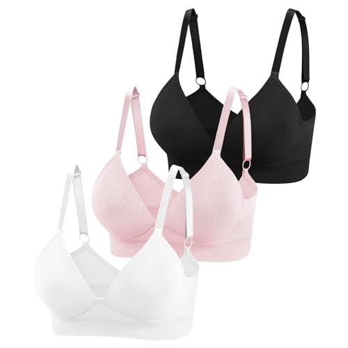 Eleplus 3er Pack Damen-BHS ohne Bügel Push Up Nahtloser BH V Ausschnitt Tshirt Schalen Bralette Verstellbar Unterwäsche für Alltag (Rosa+Schwarz+Weiß,XL)
