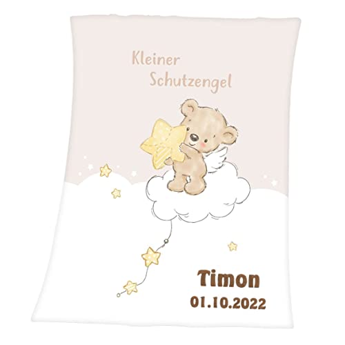 Wolimbo Babydecke mit Namen personalisiert - Motiv Kleiner Schutzengel - Besticktes Geschenk für Mädchen und Junge