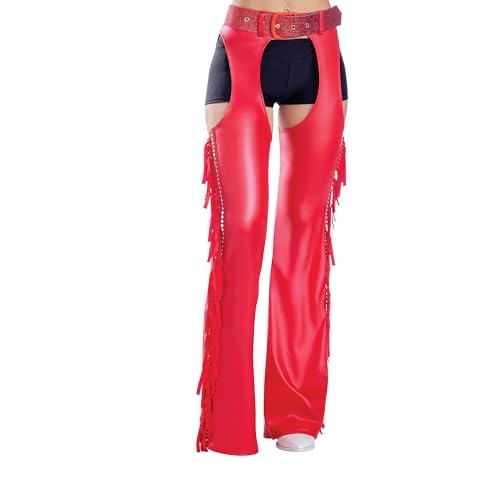 Dreamgirl Women's Coated Denier chap with Studs and Fringe Detailing on The Sides, Red, Large