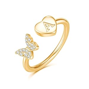 Stackable Initial Rings for Women Girls, Rose Gold Plated Butterfly Capital Letter Initial Rings for Women Teens Girls Letter Rings Stackable Rings for Girls Teen Girls
