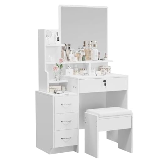 Dripex White Dressing Table with Large Wide Mirror & Soft Stool, Vanity Desk Set with Open Storage Shelves, 4 Wooden Drawers, Makeup Desk, Spacious Storage