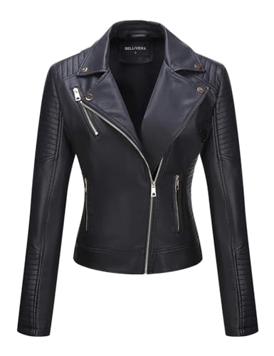 BELLIVERA Damen Kunstleder Jacke PU Frühling Herbst Bekleidung Kurz Moto...