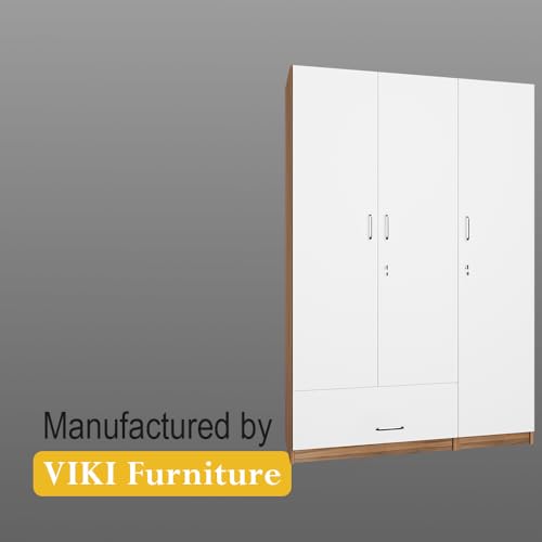 Image of VIKI Wardrobe |Wooden Almirah for 3 Door Wardrobe with 1 Drawer & Hanging Space (Walnut |White - 40D x 120W x 180.8H) | 1 Year Warranty | Free Assembly