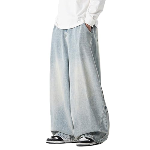 HAORUN Men Wide Leg Baggy Denim Jeans Loose Fit Casual Style Pants Trousers Elastic Waist
