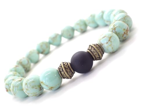 Bracelet ethnique homme perles turquoise bleue agate noire laiton