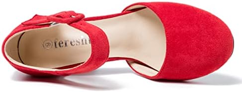 Women's Ankle Strap Pumps Block High Heel Closed Toe D'Orsay Mary Jane Shoes Suede Red 24.72cm Insole - US 8 | Image 3