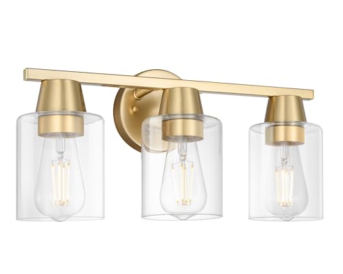 CRAFTRONOS Modern Wall Sconces Lighting with Brass Finished Clear Glass Shade, Matte Gold 3 Vanity Light Over Mirror, Industrial Bathroom Light Fixtures for Living Room Hallway Kitchen Porch E26 Base