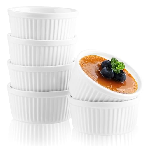 Woobroo Ramekins Set of 6, 200ML Porcelain Souffle Dish,9cm Creme Brulee Dish for Air Fryer & Oven, Mini Bowl for Dips, Sauces, Snacks and Fruits-White