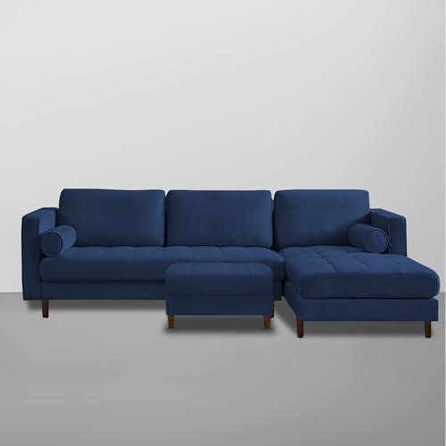 Image of Lezra RHS 4 Seater L Shape Sofa Set with Center Table for Living Room (Blue Fabric) Premium Fabric Sofa