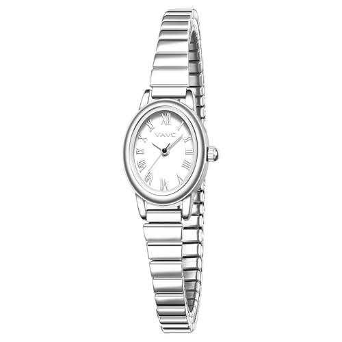 VAVC Small Silver Watches for Women Analog Womens Watch with Stainless Steel Expansion Band Oval Case Roman Dial Water Resistant5.91in-6.7in