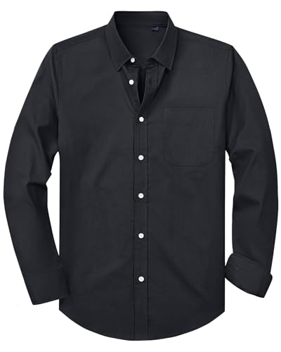 Alimens & Gentle Camisa masculina Oxford lisa stretch camisa social casual negócios manga longa camisa de botão com bolso, Preto, G