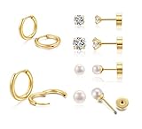 Minimalist Earring Sets for Multiple Piercing|14K Gold Plated Flat Screw Back Studs and Hoops Set for Women:Small Hoops,Flat back Pearl and CZ Earrings Studs for Cartilage,Helix,Lobe,Pack of 6 Pairs