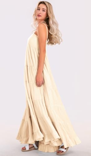 Image of loveimgs Women Summer Spaghetti Strap Smocked Maxi Dress Tiered Ruffle Sleeveless Long Flowy Dress Beach Sundress