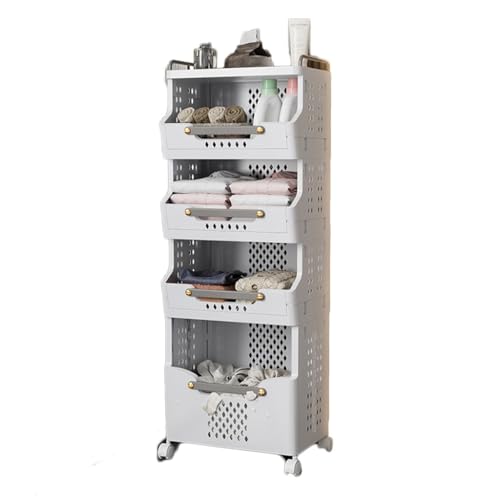 Foldable Laundry Cart with Handle and Wheels, Collapsible Storage Trolley for Kitchen and Bathroom, 2 Tier Organization Basket