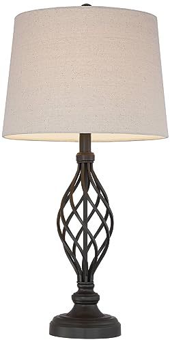 Franklin Iron Works Annie Traditional Rustic Farmhouse Table Lamps 28" Tall Full Size Set of 2 Bronze Iron Scroll Tapered Cream Drum Shade for Living Room Bedroom House Bedside Nightstand Home - Thumbnail 7
