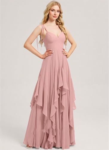 SNOWROSE Chiffon Bridesmaid Dresses for Women V Neck Spaghetti Straps Long Formal Evening Dress with Ruffle2