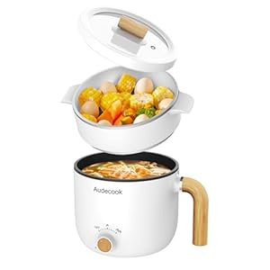 Audecook Hot Pot Electric with Steamer, 1.5L Portable Nonstick Rapid Noodles Cooker, Travel Electric Skillet with Dual Power Control for Ramen/Pasta/Soup/Steak/Egg/Oatmeal (White)