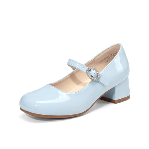 DREAM PAIRS Girls Dress Shoes Mary Jane Low Heels Flower Wedding Party Pump Prom Footwear for Little/Big Kids,Size 5 Big Kid,Light Blue,SKPU26003K