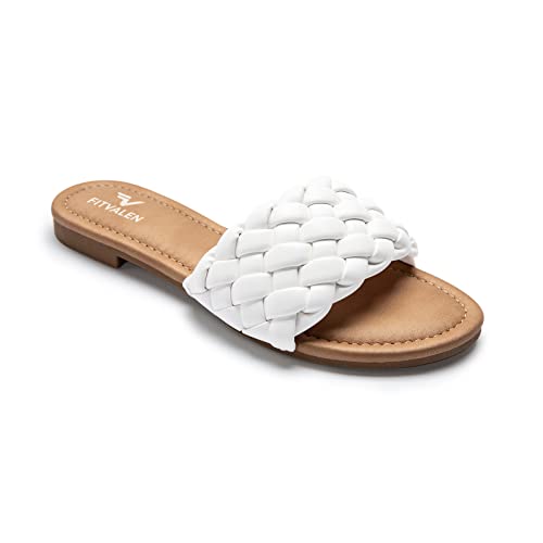 Geflochtene Sandalen für Frauen, runde offene Zehenpartie, flache Sandalen für den Sommer, elegante Memory-Schaum, Komfort, Mode, Damen-Slides für den täglichen Gebrauch, Strand, Weiß, 40.5 EU Cover