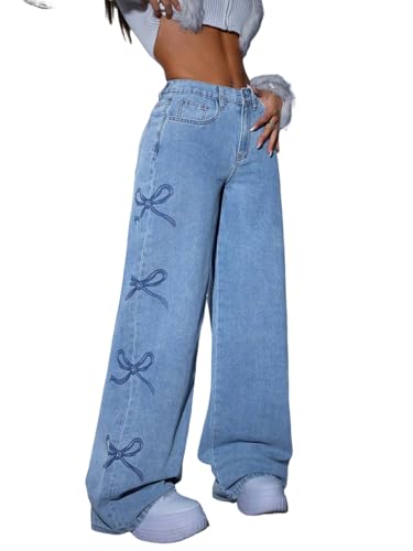 Bow Jeans for Women High Waist Straight Leg Baggy Jeans Y2K Boyfriend Bowknot Print Denim Pants with Pockets