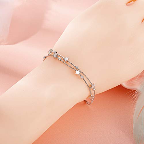 Damen Armband Elegant Perlen 925 Silber und Sterne Double Layered Armkettchen mit 925 Sterling Silber Armband Armkette Schmuck Verstellbar Modeschmuck Armbänder Liebe Armbänder mit Schmuckverpackung