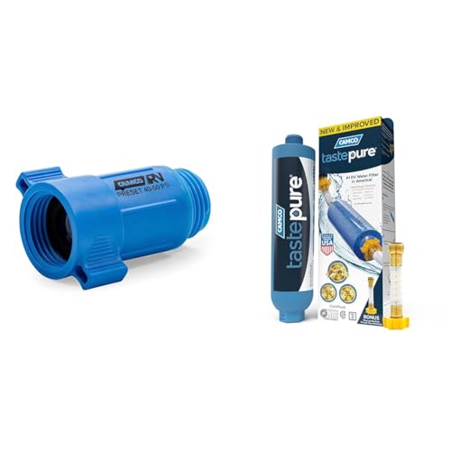 Image of Camco RV Water Pressure Regulator-Reduces Water Pressure to 40-50 PSI(40143)+Camco TastePURE RV Water Filter w /Hose Protector-Inline Water Filter Reduces Chlorine, Sediment & More-Made in USA(40043)