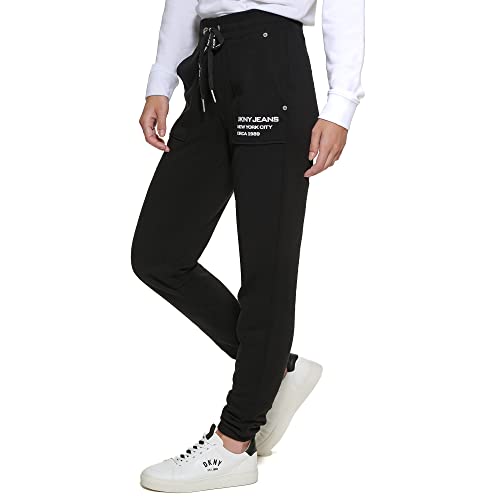DKNY Calça de moletom feminina casual com logotipo de cintura média, Preto, Medium