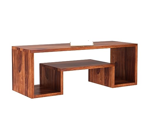 Image of Furniture Premium Sheesham Wood TV Unit with 3-Shelf Storage - Accommodates Up to 43-Inch TV - Ideal for Living Room Decor (Myles, Honey Finish)
