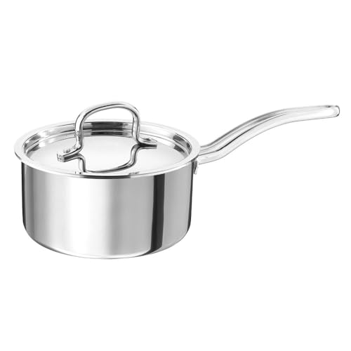 Image of Wakefit Triply Sauce Pan | 5 Years Warranty | 1.5 LTR, 16cm | Tea Pan Stainless Steel, Milk Pan, Sauce Pan with Lid, Scratch Resistant, Induction & Gas Friendly, 2.5 mm Thick (Pomodoro, Silver)