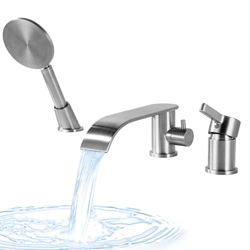 LUOGULIANG Roman Tub Faucet with Hand Shower Deck Mount Bathtub Filler Faucet with Sprayer 3 Hole Waterfall Single Handle Tub Filler with 360 Spout Brushed Nickel