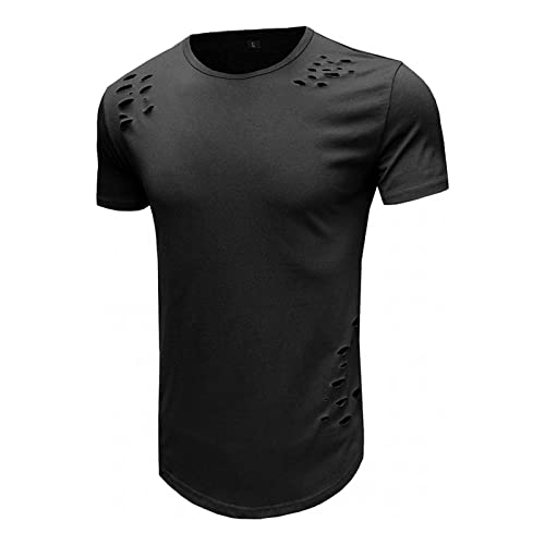 Men's Hip Hop Ripped Workout T Shirt Short Sleeve Muscle Gym Athletic Tee Vintage Washed Destroyed Holes Shirts (Black,XX-Large)