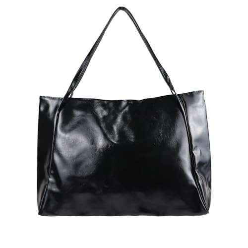 FuninCrea Bolsa grande feminina retrô de couro PU com fecho magnético, bolsa feminina grande, Preto, Large