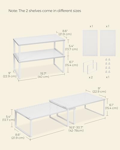 SONGMICS Spice Racks, Set of 2 Metal Cabinet Shelf Organizers, Countertop Organizers, Shelf Risers, Stackable, Expandable, White UKCS401W01