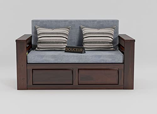 Image of Douceur Furnitures Solid Sheesham Wooden Sofa Cum Bed Single Size with Storage for Living Room | Wooden Foldable 2 Seater Sofa Cum Bed with Headboard Folding Bed for Home Bedroom (Walnut)