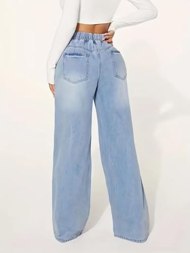 Women's Drawstring Jeans Elastic High Waisted Wide Leg Denim Pants Casual Baggy Jeans with Pockets3