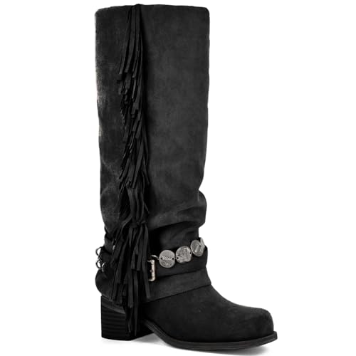KISTANIA Riding Boots for Women Black Knee High Fringe Western Boots Suede Black Square Toe Chunky Block Heel Pull-On Leather Fashion Buckle Strap Fold-Over Slouchy Booties Size 9