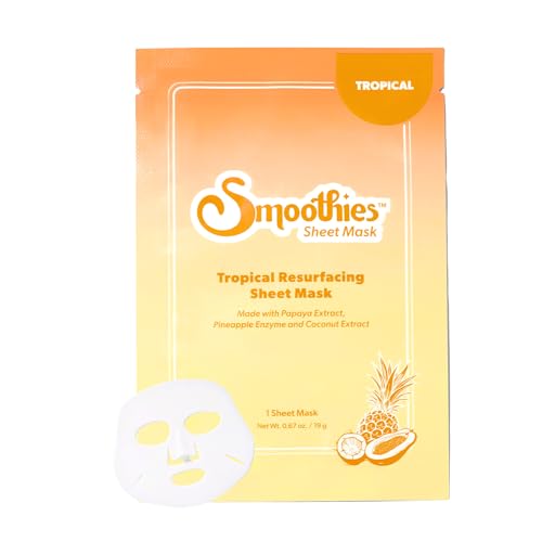 Smoothies Tropical Glow Resurfacing Sheet Mask (3 Count) Exfoliating & Brightening Face Mask with Glycolic Acid Lactic Acid PHA Papaya & Pineapple Enzymes Korean Skincare Fragrance Free