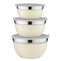 FLORINA Set di 3 Ciotole Acciaio Inox Cucina I 14 16 18 cm I Ciotola per Impasti con Coperchio Ermetico I Insalatiera per Insalata Lavabile in Lavastoviglie I Ideale per Cucinare e Cuocere I Beige