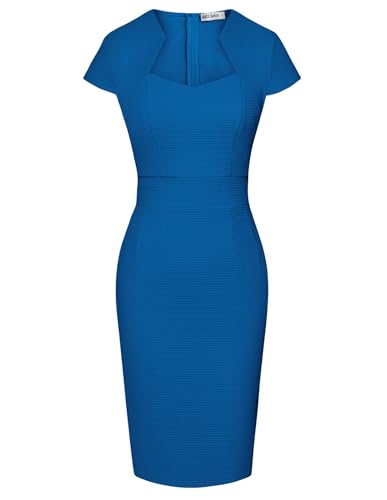 Womens Vintage Cap Sleeve Waffle Pencil Dress Formal Casual Dresses Royal Blue