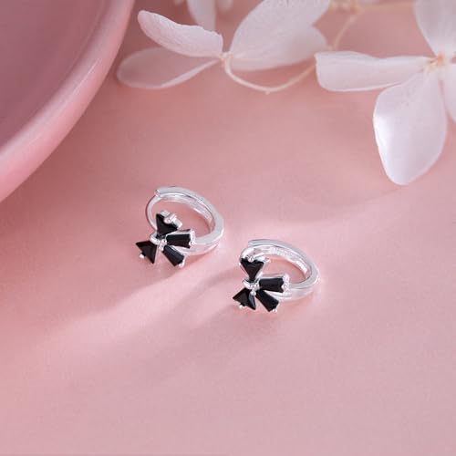 Image of Reffeer Solid 925 Sterling Silver Bow Hoop Earrings Huggie for Women Teen Girls Black CZ Bowknot Hoop Earrings Ribbon Cartilage Huggie