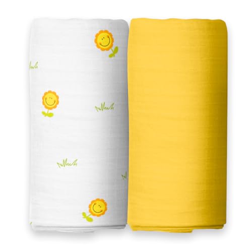 Image of The White Cradle 100% Organic Cotton Baby Swaddle Wrap, Large 112x112 cm Super Soft Muslin, 2 pcs Pack, Sunflower and Solid Yellow