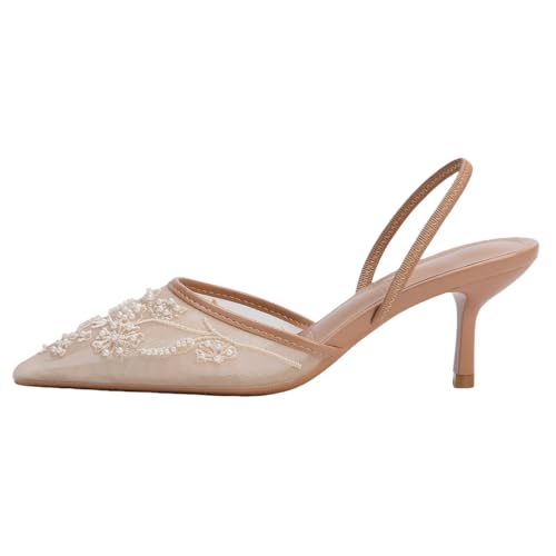 Image of Fashion Mesh Slingback Pumps Shoes for Women Ankle Strap Pointed Toe Pumps