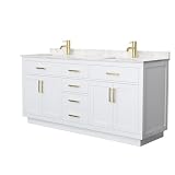 Wyndham Collection Beckett 72 Inch Double Bathroom Vanity with Toe Kick in White, Carrara Cultured Marble Countertop, Undermount Square Sinks, Brushed Gold Trim